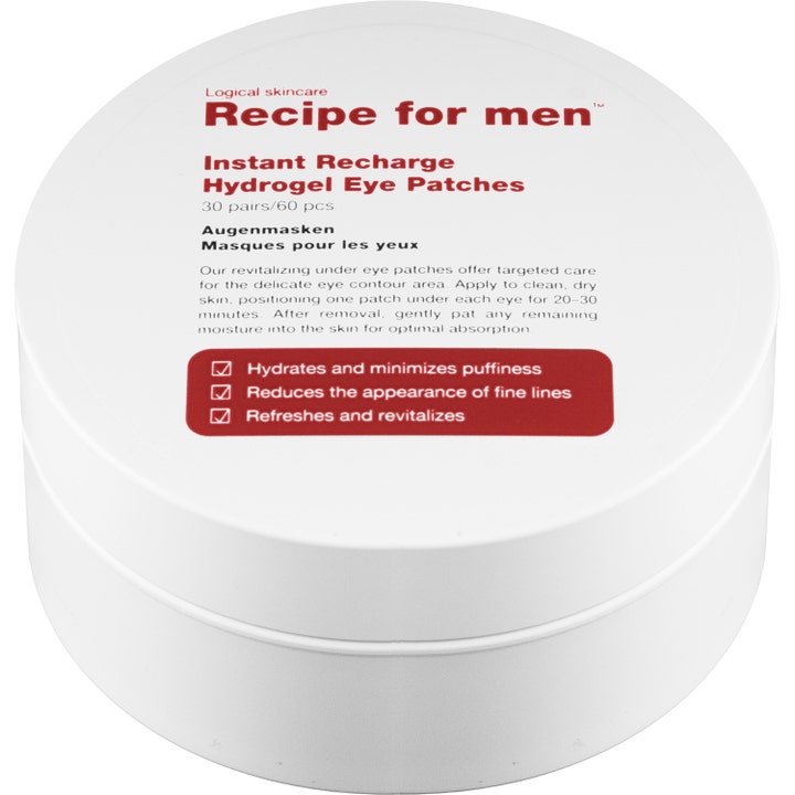 Recipe for men Instant Recharge Hydrogel Eye Patches 60 st rynkreducerande ögonmask i en vit rund plastburk