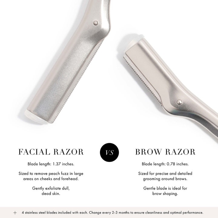Tweezerman Facial Razor ansiktshyvel i rostfritt stål som exfolierar huden och jämförs med en mindre brynkniv.
