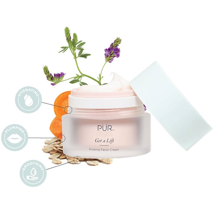 PÜR Get A Lift Cream 50 ml uppstramande ansiktskräm i frostad glasburk med krämig textur omgiven av havre och morot