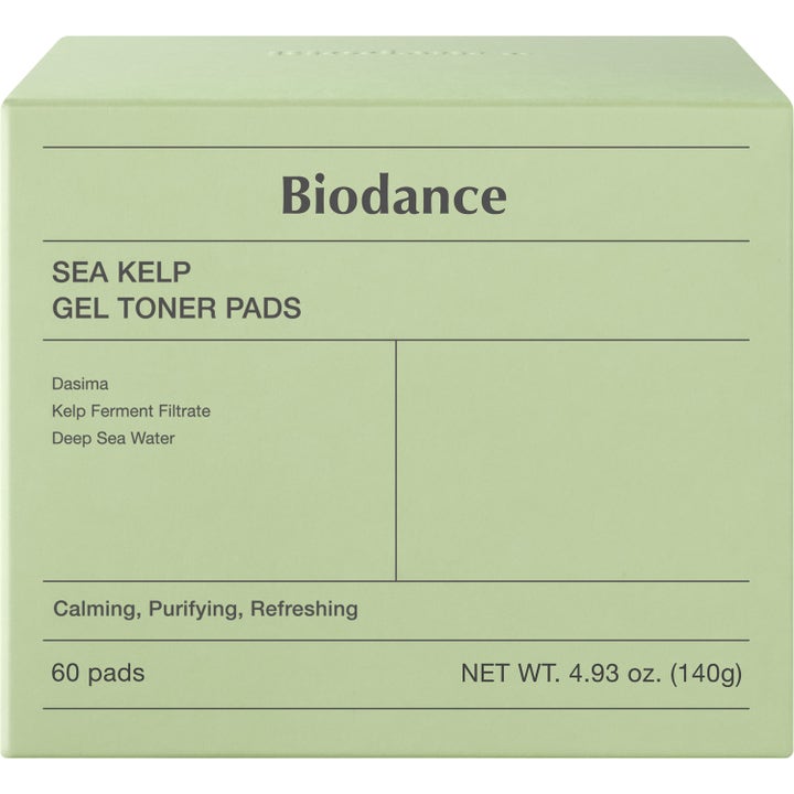 Biodance Sea Kelp Gel Toner Pads 60 st lugnande toner i ljusgrön ytterbox märkt Calming, Purifying, Refreshing.