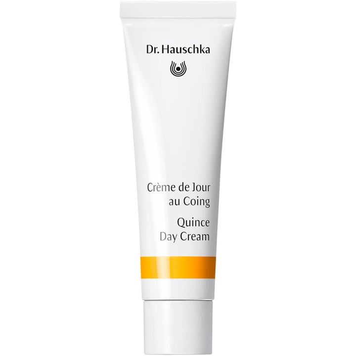Dr. Hauschka Quince Day Cream 30 ml skyddande ansiktskräm i vit tub med gul orange rand