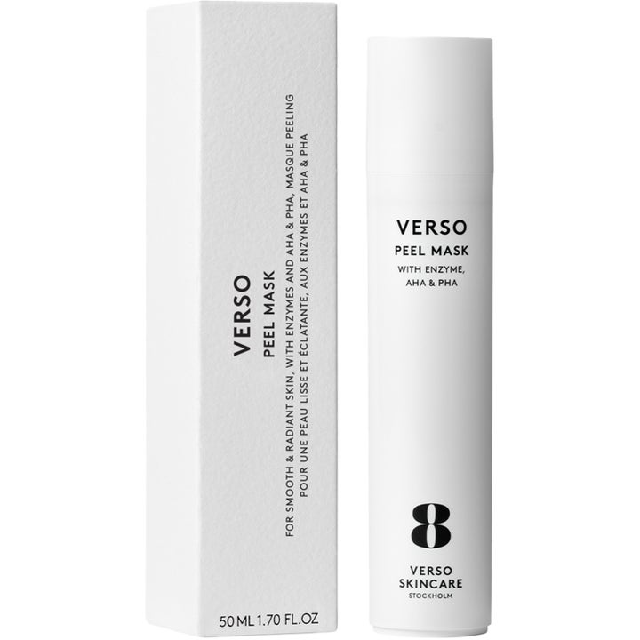 Verso N°8 Peel Mask 50 ml exfolierande ansiktsmask i vit tub och ytterkartong som ger lyster med AHA och PHA.