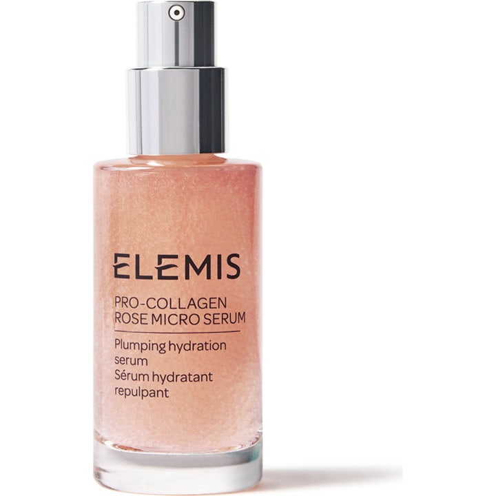 Elemis Pro-Collagen Rose Micro Serum plumperande serum med ros i glasflaska med silverpump och pärlande rosa textur