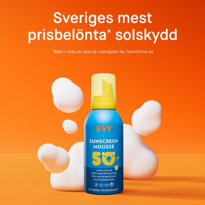 EVY Technology Sunscreen Mousse Kids 150 ml solkräm med text om bredspektrumskydd och högsta UVA-betyg.