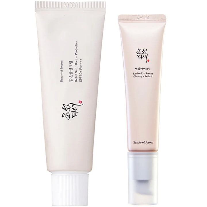 Beauty of Joseon Relief Sun och Revive Eye Serum ger lyster med beauty of joseon solkräm och retinal ögonserum i ljusa tuber.