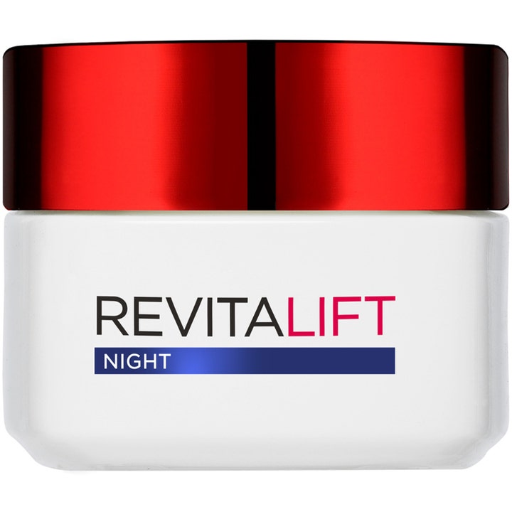 L'Oréal Paris Revitalift Night 50ml nattkräm mot rynkor i en vit fyrkantig glasburk med rött metalliskt lock