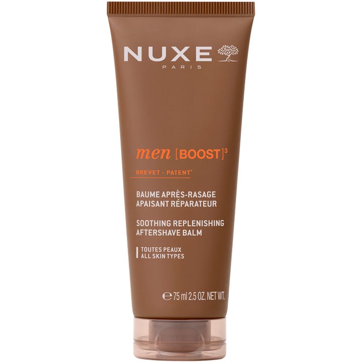 Nuxe Men Boost 3 75 ml lugnande aftershave balm som reparerar huden i en brun tub med genomskinligt lock