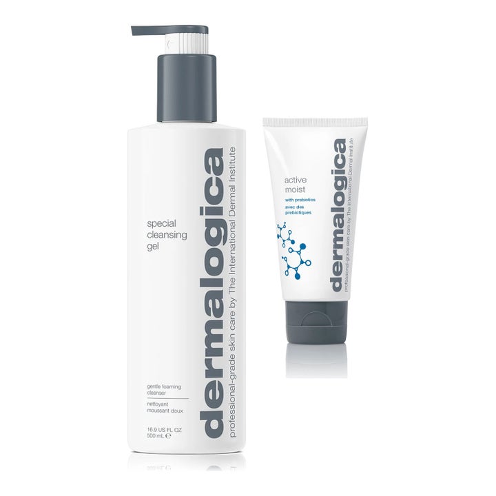 Dermalogica Special Cleansing Gel 500ml ansiktsrengöring och Active Moist fuktkräm ansikte aktiv i vit tub och flaska
