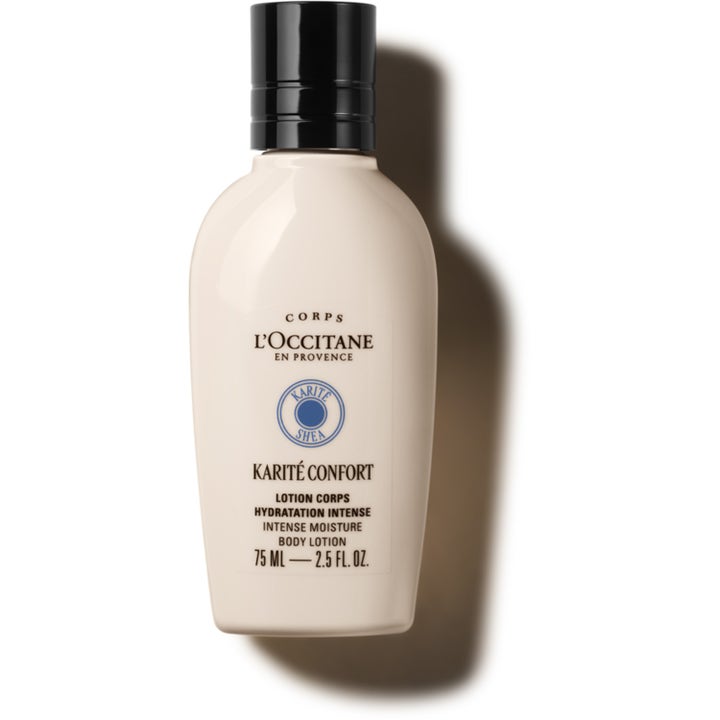 L'Occitane Shea Body Lotion 75 ml återfuktande kroppslotion i krämvit flaska med stilrent svart lock