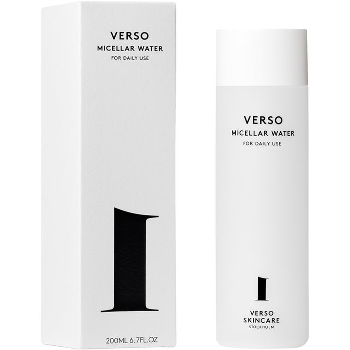 Verso Micellar Water 200 ml ansiktsrengöring i vit ytterkartong och frostad flaska för daglig användning.