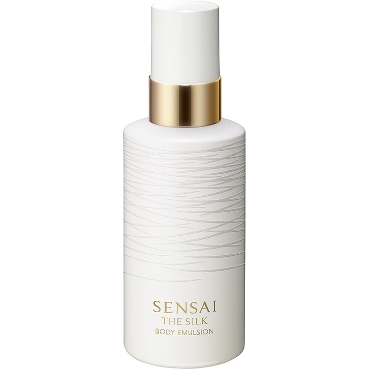 Sensai The Silk Body Emulsion 200 ml silkemulsion för kroppsvård torr hud i vit flaska med vågmönster och guld.
