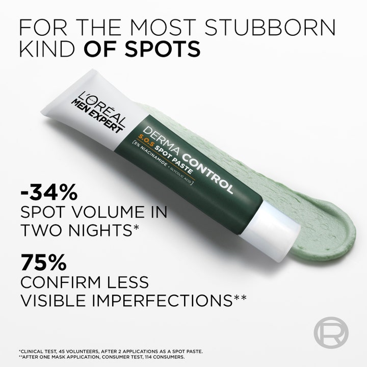L'Oréal Paris Men Expert S.O.S Spot Paste 45 ml aknebehandling ansiktsvård män med niacinamid och krämig grön textur.