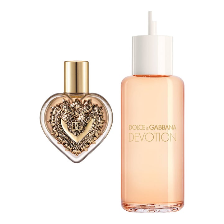 Dolce & Gabbana Devotion Set 170 ml eau de parfum med hjärtformad flaska och refill med persikofärgad vätska