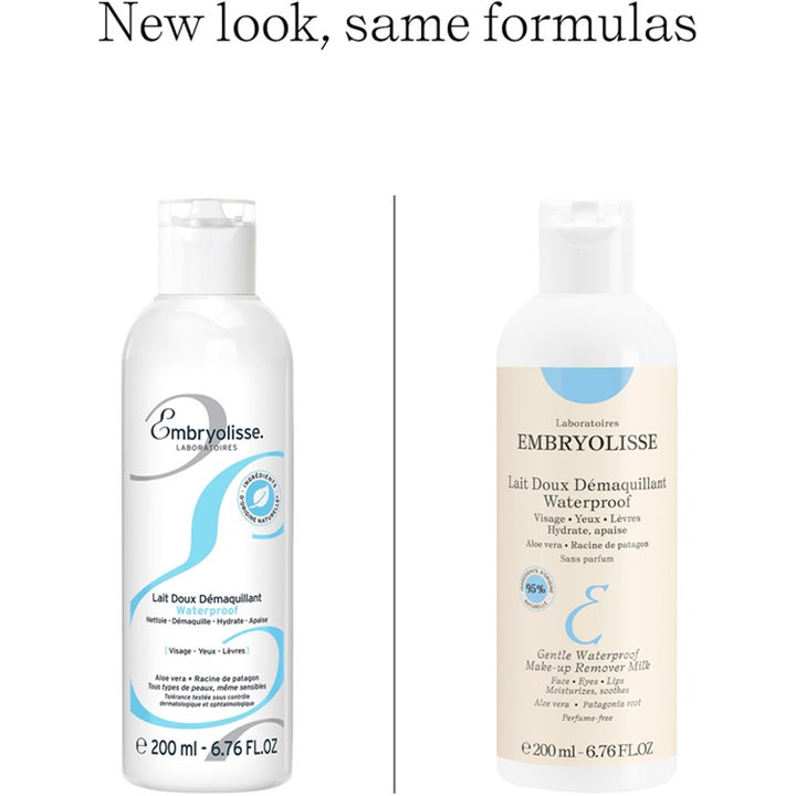 Embryolisse Milky Make Up Remover 200 ml med aloe vera visar ny och gammal flaska för 95% naturlig sminkborttagning.