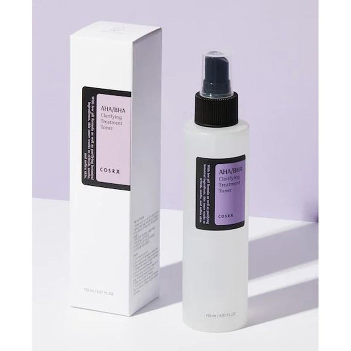 COSRX AHA/BHA Clarifying Treatment Toner 150 ml kemisk exfoliering i sprayflaska med lila etikett och vit kartong