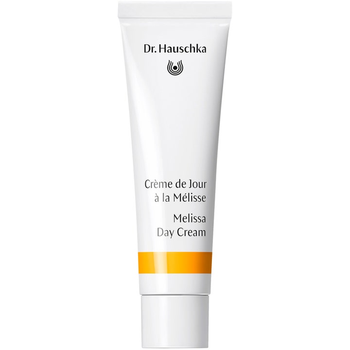Dr. Hauschka Melissa Day Cream 30 ml balanserade återfuktande ansiktskräm i vit tub med gul detalj och vitt lock