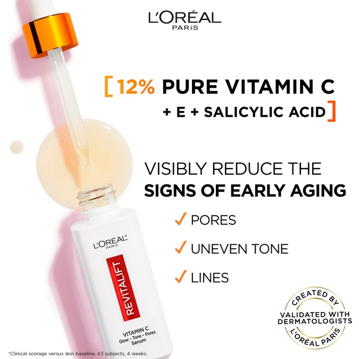 L’Oréal Paris Revitalift Clinical 12% Vitamin C Serum 30 ml ger lyster med pipett och en lätt persikofärgad textur