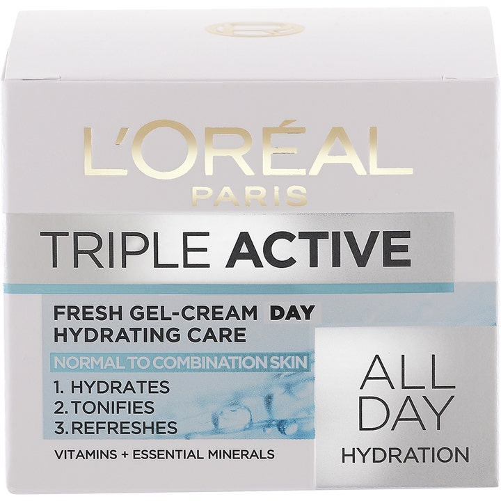 L'Oréal Paris Triple Active 50 ml moisturizing gel i vit ytterförpackning ger loreal dagkräm fresh lyster och fukt.