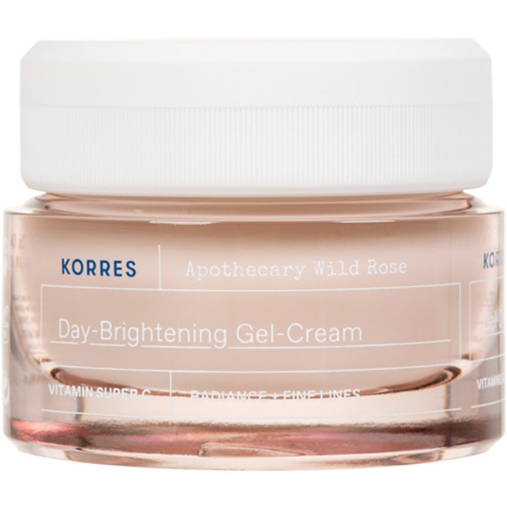 Korres Apothecary Wild Rose Day-Brightening Gel-Cream 40ml lystergivande vitamin c hudvård i rosa glasburk med vitt lock