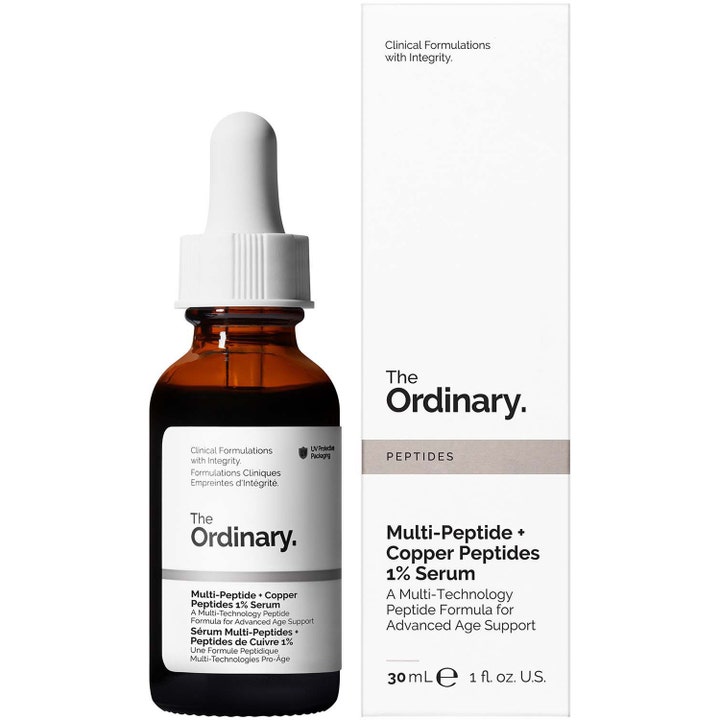The Ordinary Multi-Peptide + Copper Peptides 1% Serum 30 ml ansiktsserum med peptider i brun glasflaska med vit ytterbox