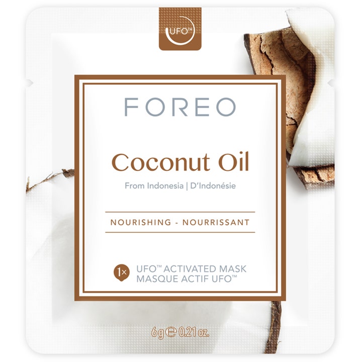FOREO UFO aktiverad ansiktsmask Coconut Oil 36 g naturlig kokosmask för ansiktet i vit sachet med kokosmotiv