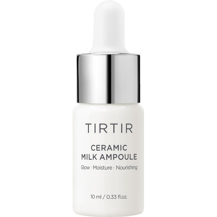 Tirtir Ceramic Milk Ampoule 10 ml lystergivande ansiktsserum i vit glasflaska med silverkork och pipett