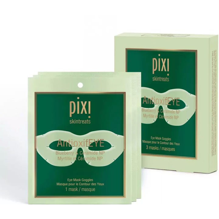 Pixi AntioxifEYE Eye Mask Goggles 3 st ögonmasker i ljusgrön kartong och påsar med blåbär och ceramider för lyster.