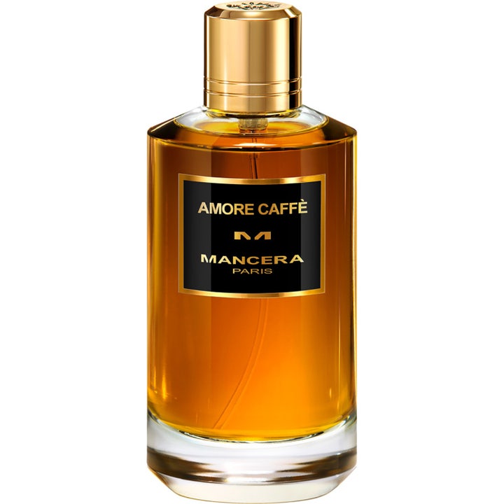 Mancera Amore Caffe 120 ml Eau De Parfum parfym i cylindrisk glasflaska med guldlock och bärnstensfärgad vätska