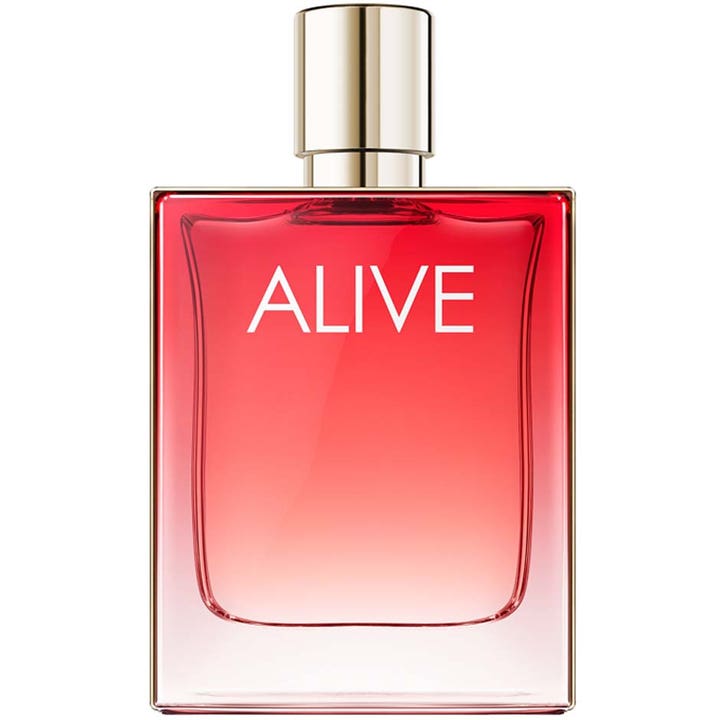 Hugo Boss Alive Intense 80ml edp ger en intensiv känsla i en rektangulär glasflaska med röd vätska och guldkork