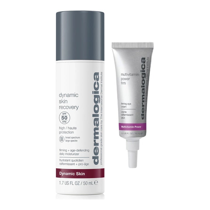 Dermalogica Dynamic Skin Recovery 50ml och Multivitamin Power Firm 15ml ger lyster i vit pumpflaska och silvrig tub.