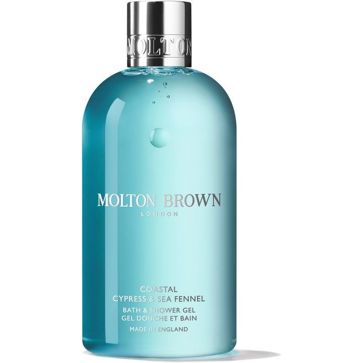 Molton Brown Coastal Cypress & Sea Fennel 300 ml duschtvål med havsfänkål i turkos flaska med silverkork.