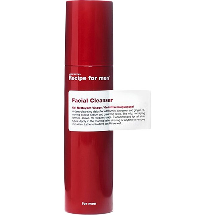 Recipe for men Facial Cleanser djuprengörande ansiktsrengöring med ingefära i en röd stilren pumpflaska.