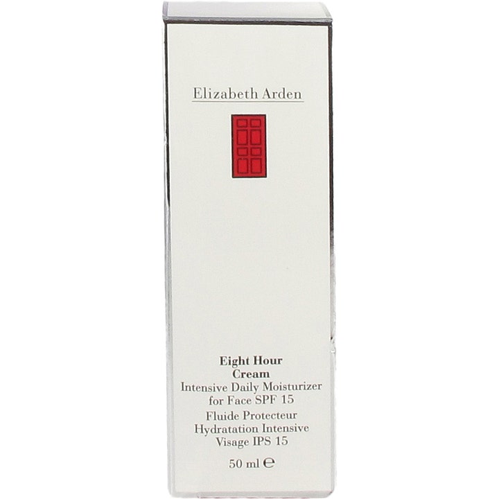 Elizabeth Arden Eight Hour Cream SPF 15 50 ml återfuktande dagkräm i vit ytterförpackning med ikonisk röd dörr.