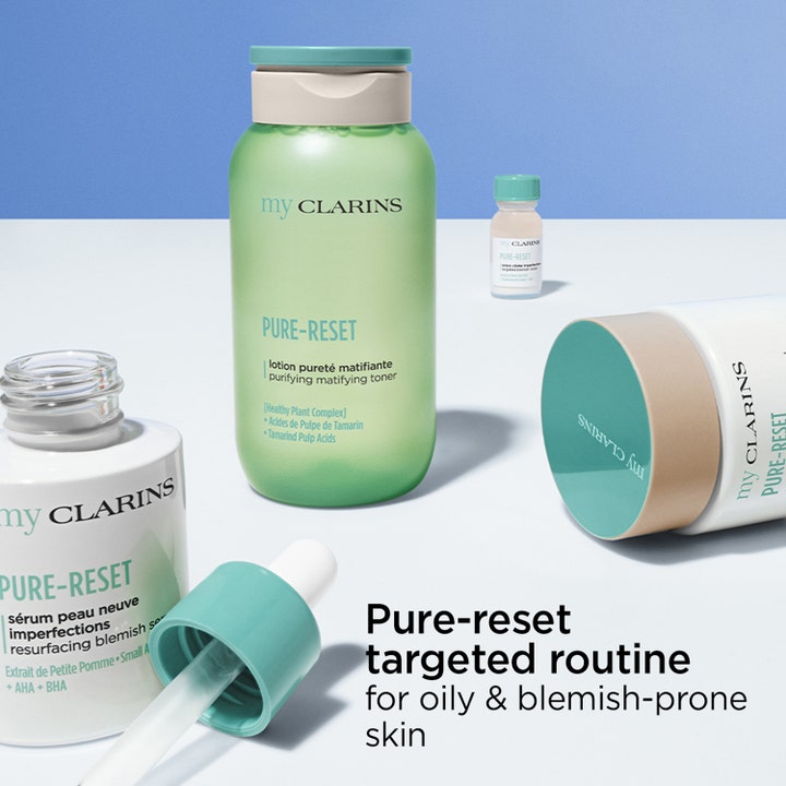 Clarins MyPure-Reset Targeted Blemish Lotion 13 ml akutbehandling finnar i en hudvårdsrutin för oren hy.
