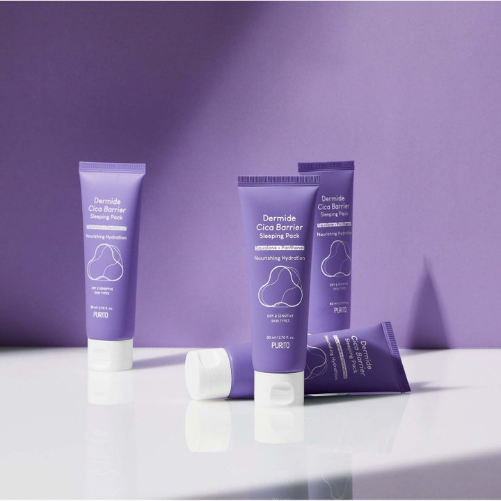 Purito Dermide Cica Barrier Sleeping Pack 80 ml sovmask ger djup återfuktning i lila tuber med vitt lock.