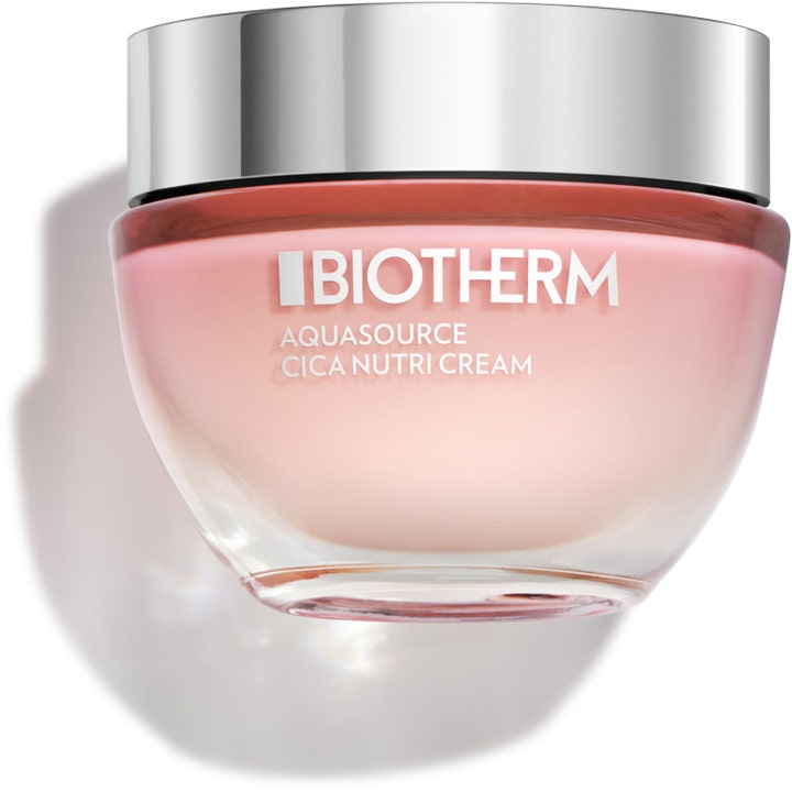 Biotherm Aquasource Cica Nutri Cream fuktgivande ansiktskräm med cica i en rund rosa glasburk med glänsande silverlock.