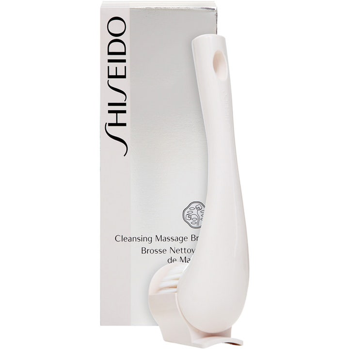 Shiseido Cleansing Massage Brush 1 st ansiktsborste för djuprengöring i vit ergonomisk design med silvrig box.