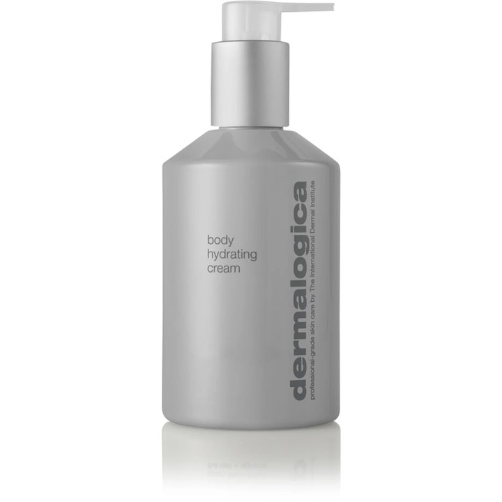 Dermalogica Body Hydrating Cream dermalogica kroppslotion för torr hud i en grå flaska med praktisk vit pump.
