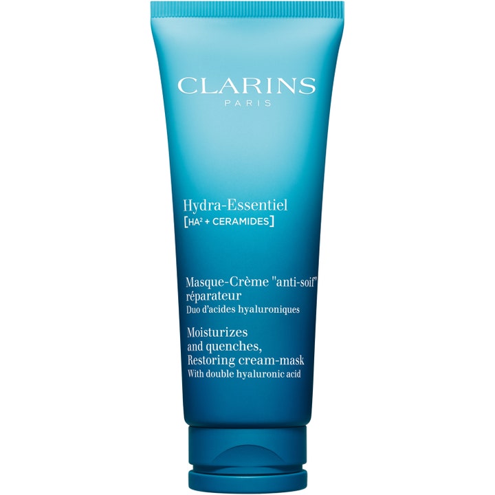 Clarins Hydra-Essentiel fuktgivande ansiktsmask ceramider och dubbel hyaluronsyra i en blå gradienttub.