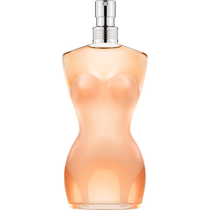 Jean Paul Gaultier Classique Eau de Toilette 100ml i frostad glasflaska som kvinnokropp med aprikosfärgad vätska