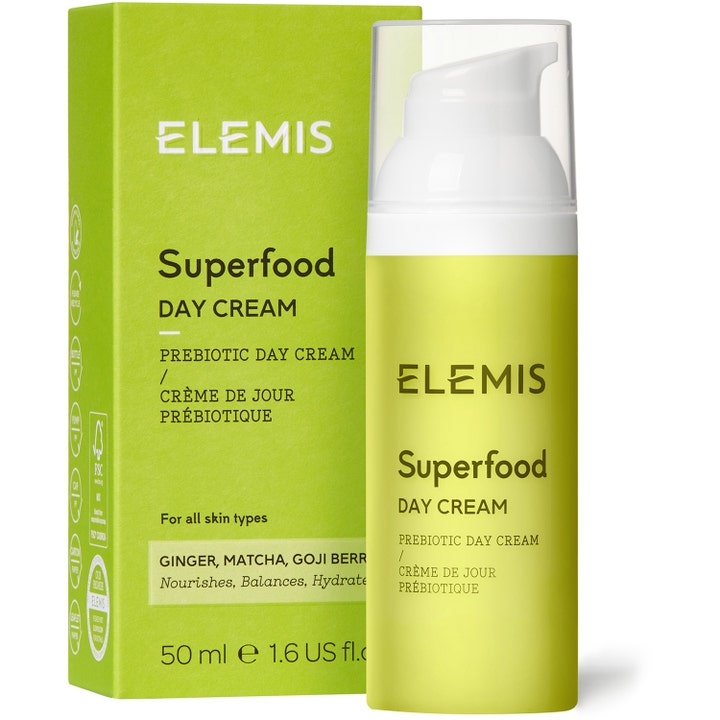 Elemis Superfood Day Cream 50 ml återfuktande dagkräm i limegrön pumpflaska som ger en balanserad hudflora