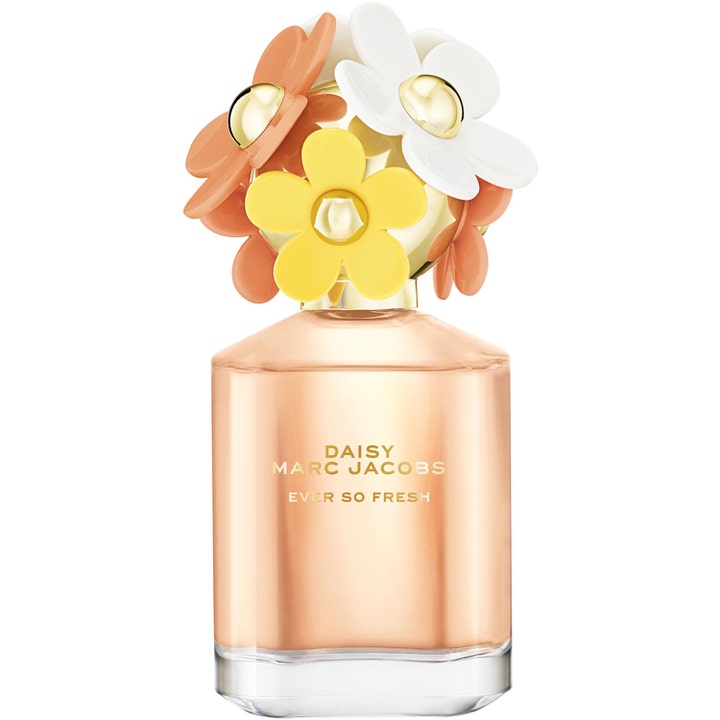 Marc Jacobs Daisy Ever So Fresh 75ml eau de parfum i glasflaska med gula och orangea blommor på locket