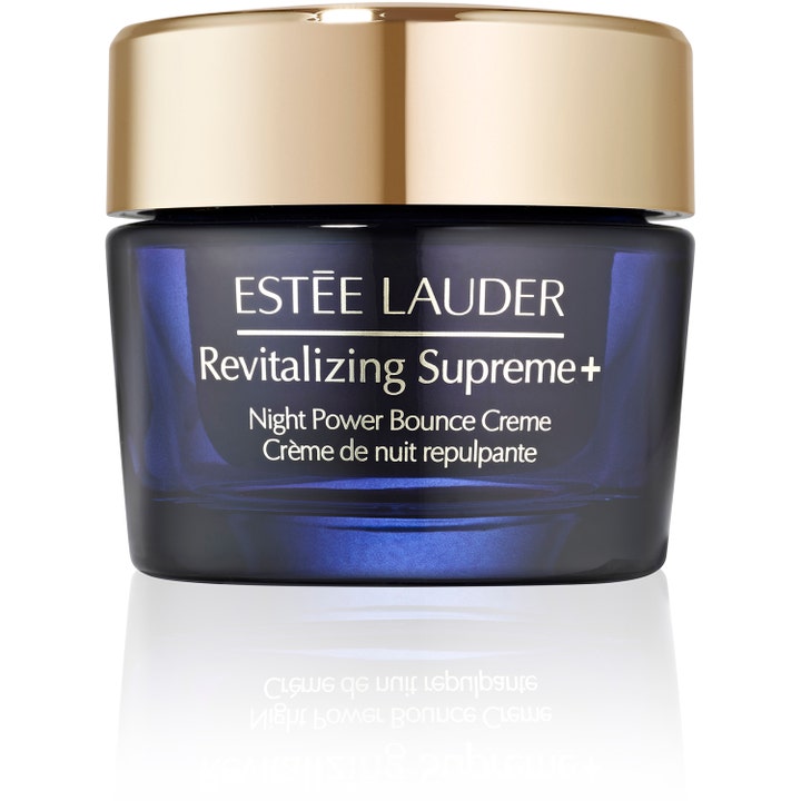 Estée Lauder Revitalizing Supreme+ Night Power Bounce Creme nattkräm i mörkblå glasburk med guldlock ger anti aging.