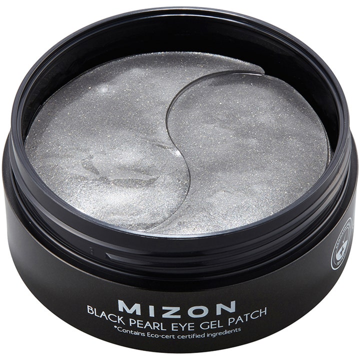 Mizon Black Pearl Eye Gel Patch 84 g ögonmask för lyster med skimrande mörkgrå gelpatches i en öppen burk