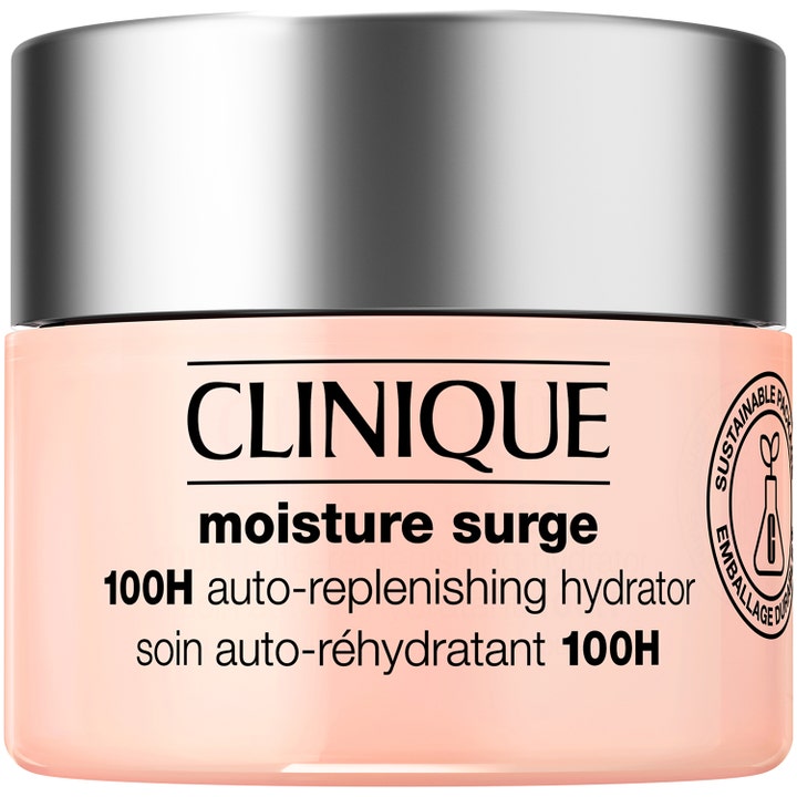 Clinique Moisture Surge 100H återfuktande gelkräm med hyaluronsyra i en persikorosa burk med silverlock
