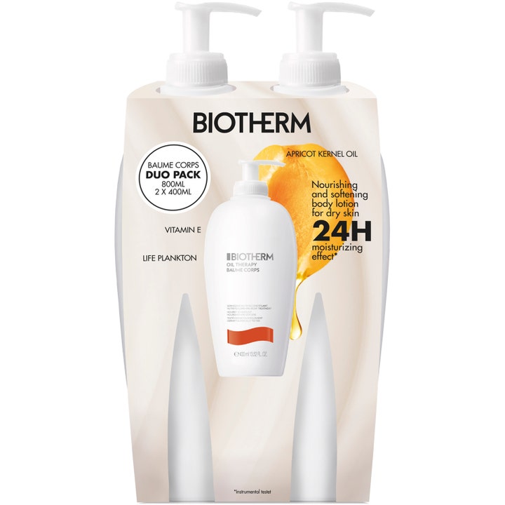 Biotherm Oil Therapy Baume Corps Duo 2x400ml fuktgivande kroppskräm i vita pumpflaskor med bild av aprikos och olja