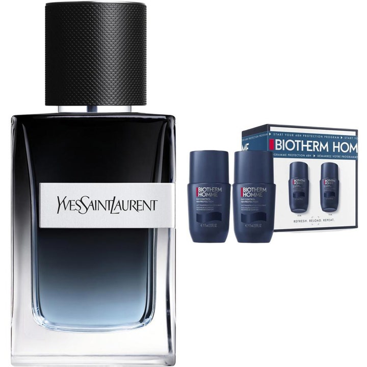 Yves Saint Laurent Smells Like Dad Spirit Y EdP 60 ml parfymset herr med blåtonad glasflaska och två mörkblå deodoranter