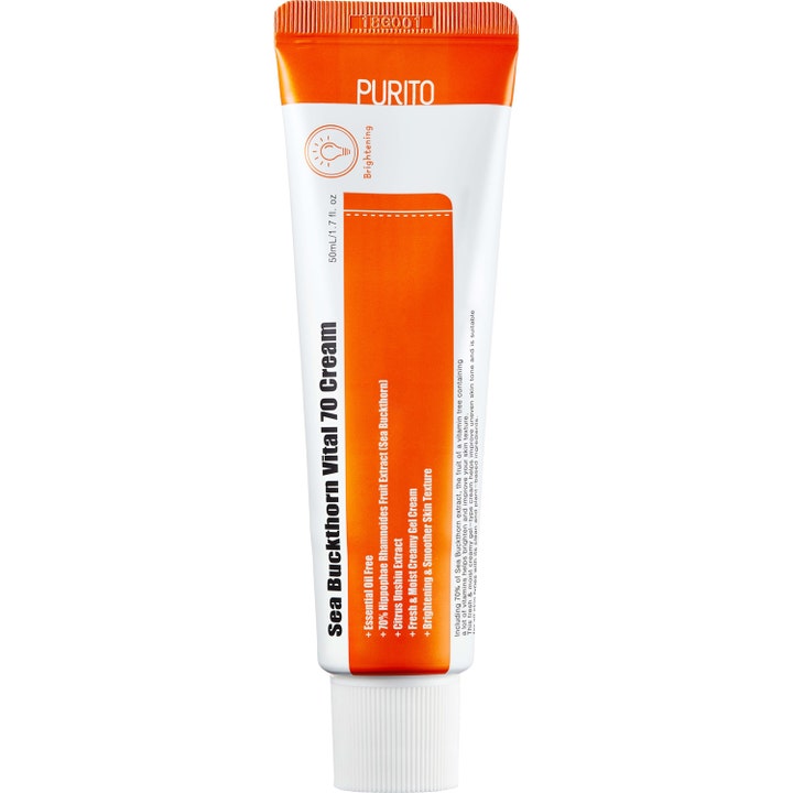 Purito Sea Buckthorn Vital 70 Cream 50 ml lystergivande ansiktskräm i vit och orange tub som ger jämnare hudton
