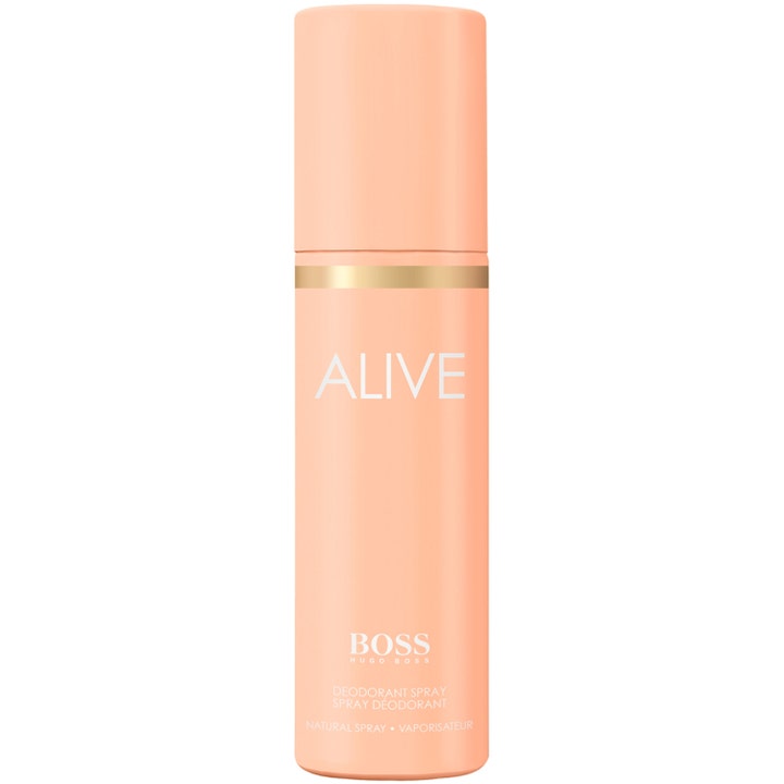 Hugo Boss Alive deo spray damdeodorant i persikofärgad flaska med guldband som ger en långvarig fräsch känsla