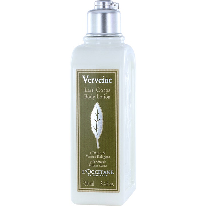 L'Occitane Verbena 250 ml citrusdoftande kroppslotion i rektangulär plastflaska med silverkork och grön etikett.
